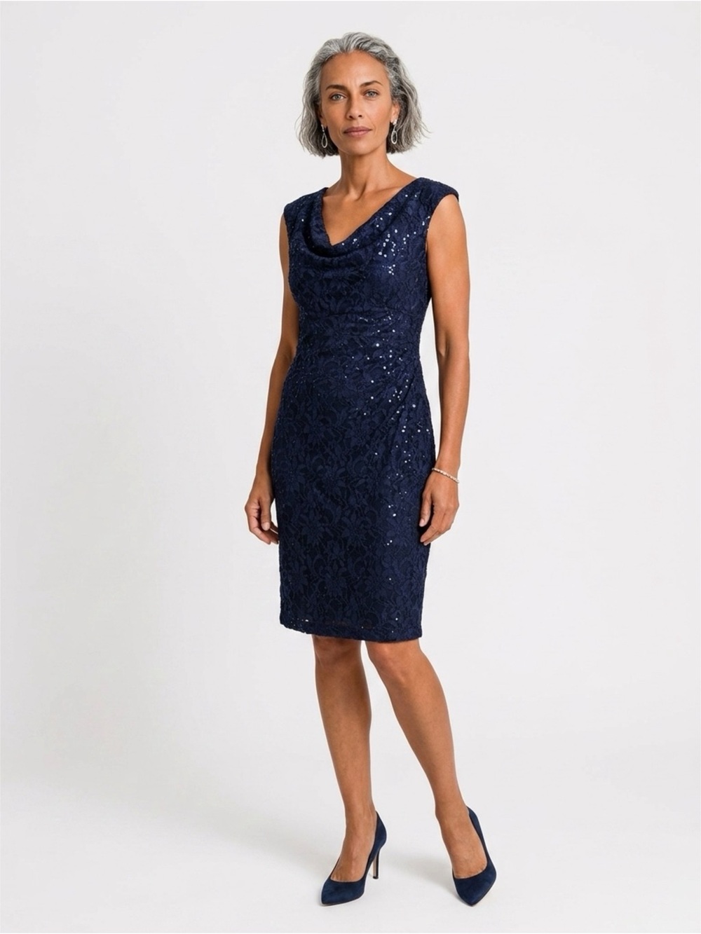 Ralph Lauren- Sleeveless Navy Sequin Cowl Neck Dress